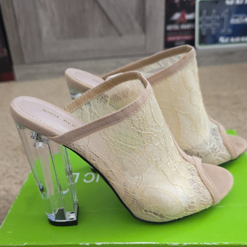 Shoe Republic LA Beige Lace Peep-Toe Mules with Clear Block Heels